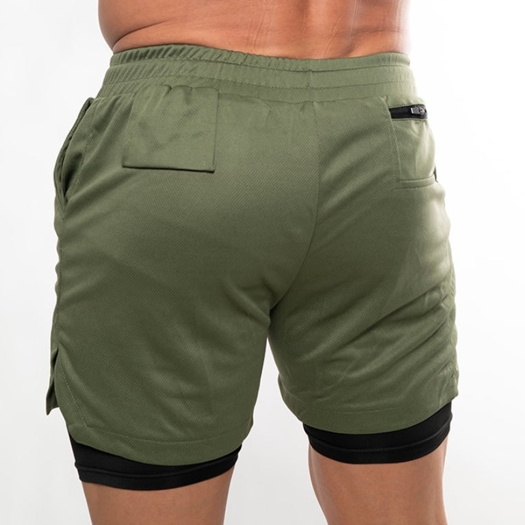 Pantalon corto deporte XHEN verde militar y negro espalda
